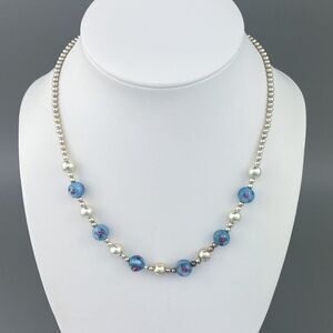 Blue Floral Glass Beaded Necklace | Estate Jordan Sterling Silver 925 | 16"-18"